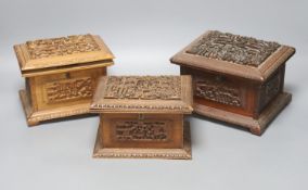 Three 19th century Chinese carved sandalwood caskets, longest 19cm