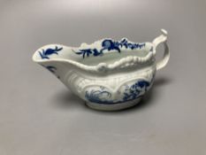 A Worcester Two Porter pattern blue and white small sauceboat circa 1760-5, workman's mark, length