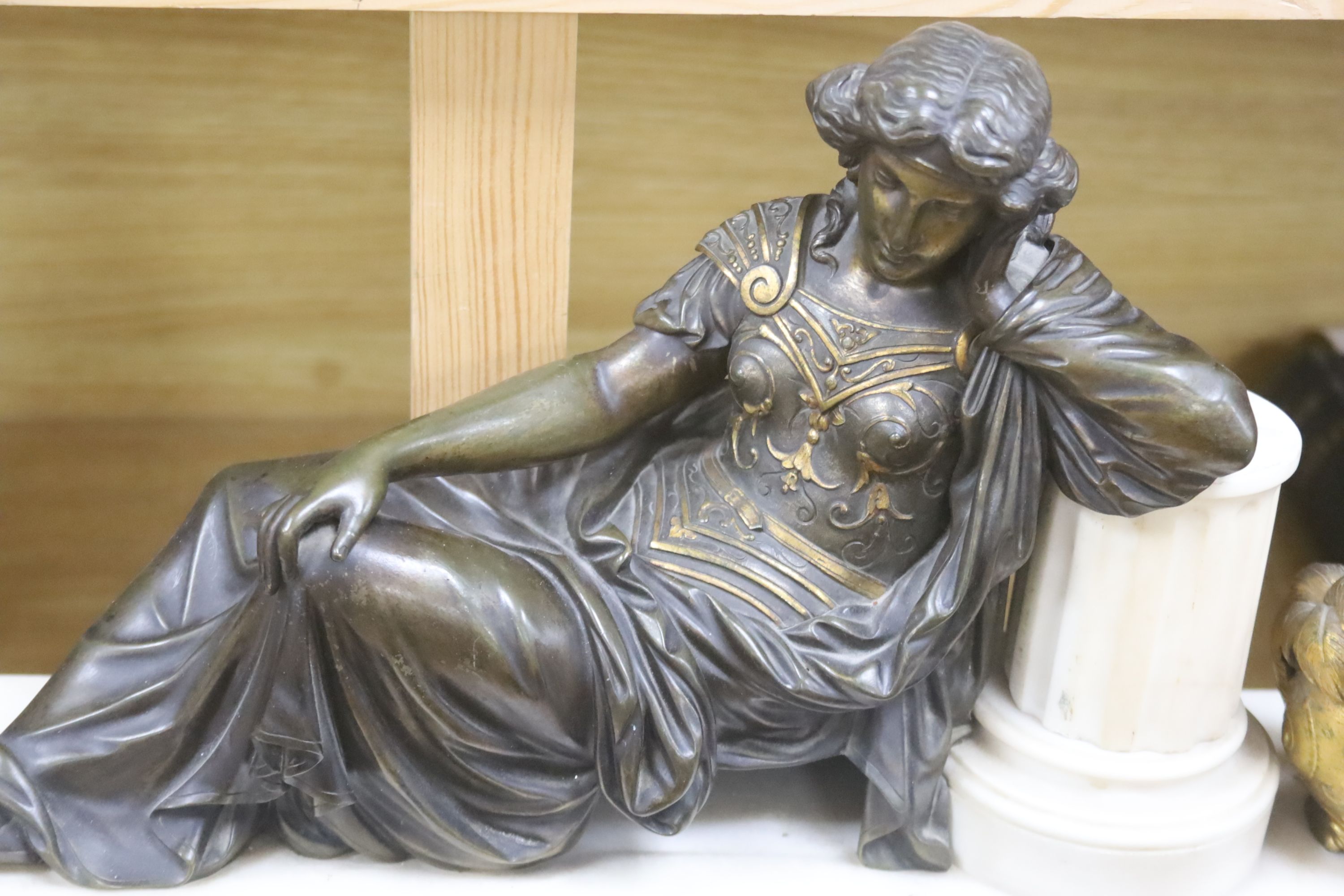 A 19th century gilt metal and marble figural mantel clock, length 58cm - Image 2 of 5