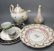 A Sevres outside decorated vase, dated 1877, Spode and Derby plates, a teapot and two other items