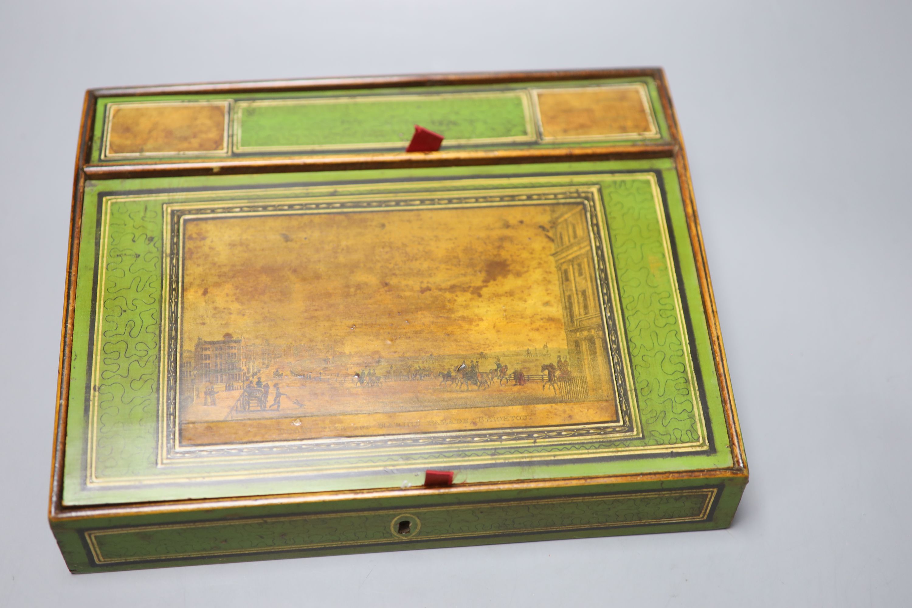 An early Tunbridge ware green japanned writing slope, 28.5cm, with views of Marine Parade, - Image 2 of 4