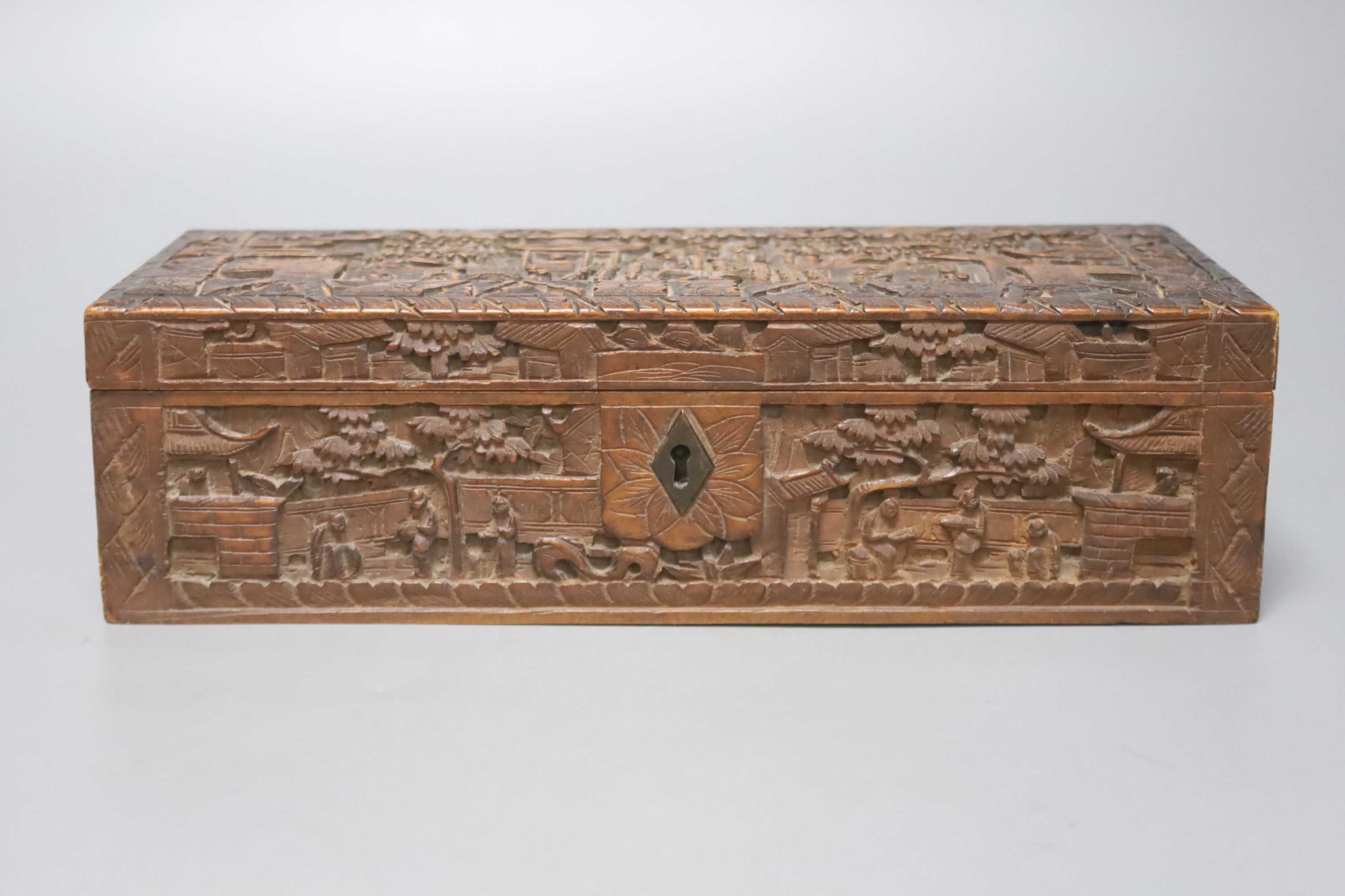 Two 19th century Chinese carved sandalwood boxes, together with a similar puzzle box, length 27cm - Image 2 of 6
