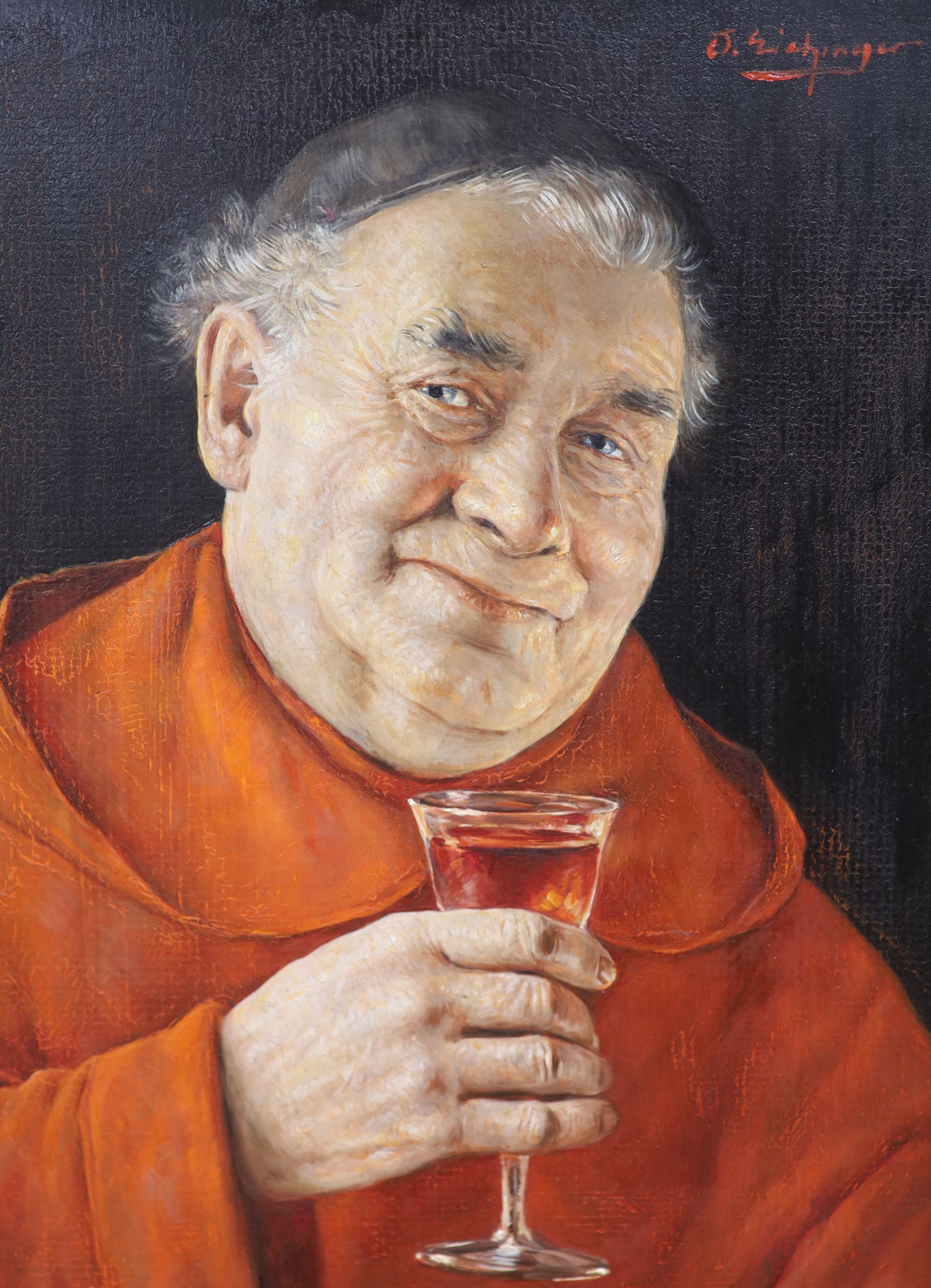 Otto Eichinger (Austrian, 1922-2004), oil on board, Monk with glass of wine, signed, 26 x 19cm