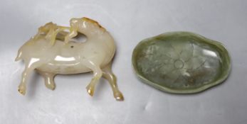 A 19th century Chinese carved jade brushwasher together with an agate figure of a stag, tallest