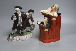 A Staffordshire The Vicar Moses, height 26cm, and an Enoch Wood style group of the Nightwatchman,
