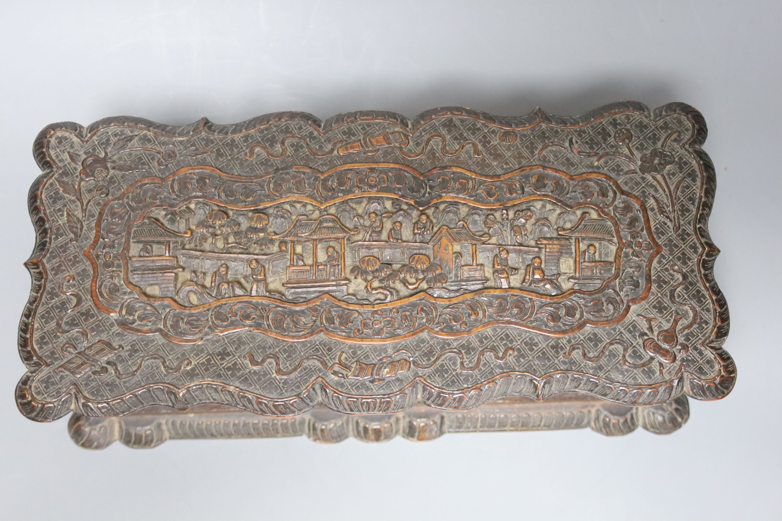 Two 19th century Chinese carved sandalwood boxes, together with a similar puzzle box, length 27cm - Image 6 of 6
