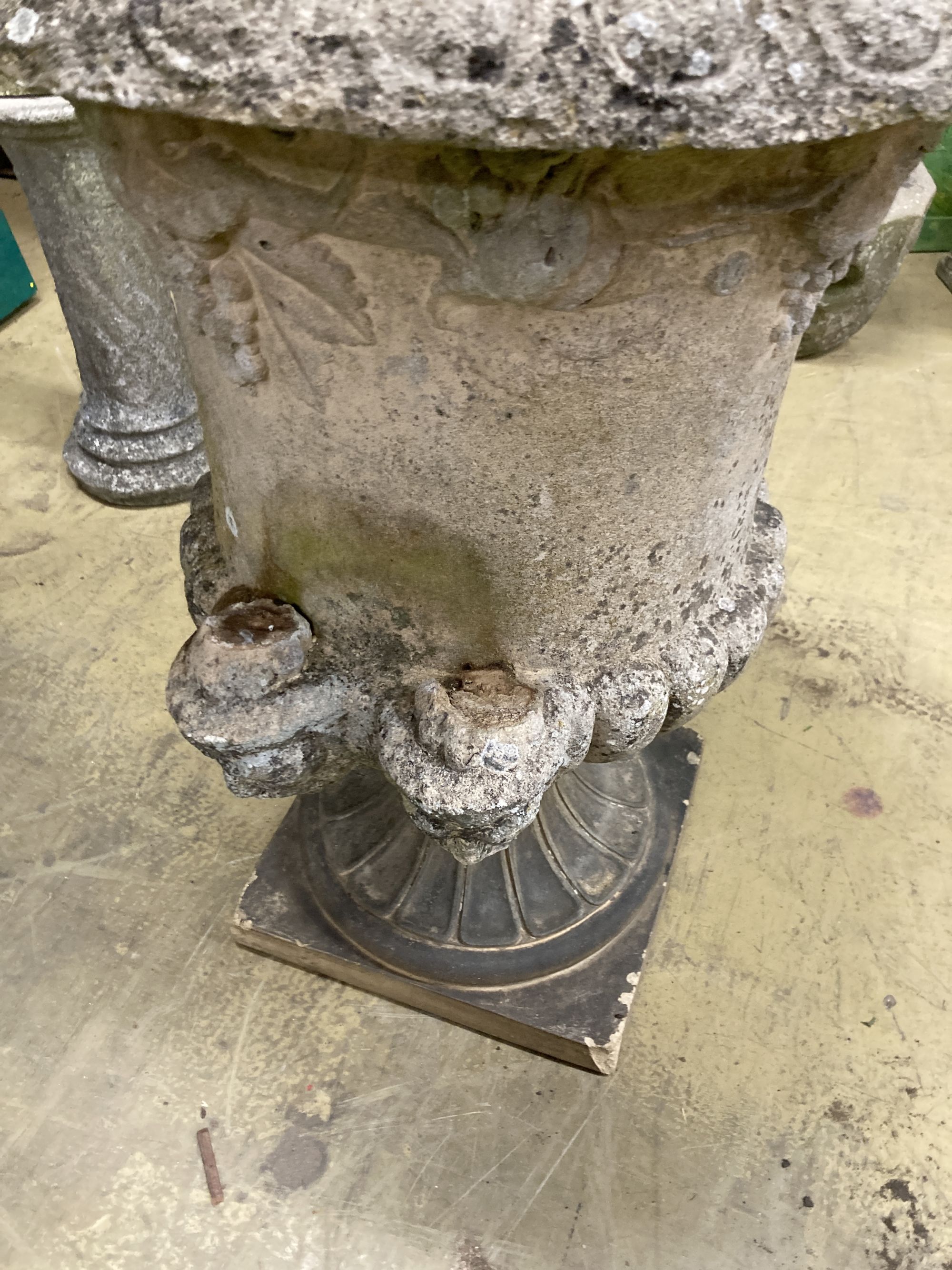 A large reconstituted stone campana garden urn, handles in need of repair, 75cm diameter, height - Image 5 of 5