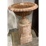 A Victorian style cast iron campana garden urn on stand, diameter 52cm, height 97cm