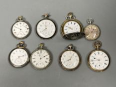 Eight assorted pocket watches including gun metal, gold plated, white metal and base metal