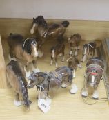 Nine Beswick Shire and other horses, tallest 22cm