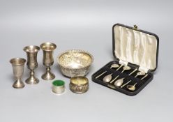 A cased set of six late 19th century Russian 84 zolotnik and niello teaspoons, three sterling