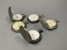 Five assorted early 20th century white metal pocket watches including three Longines (a.f.).