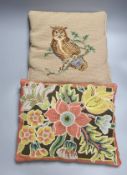 Two woolwork cushions, one floral, 33 x 27cm, the other of an owl