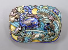A mid 20th century Chinese? white metal and polychrome enamel brooch, decorated with hare, and