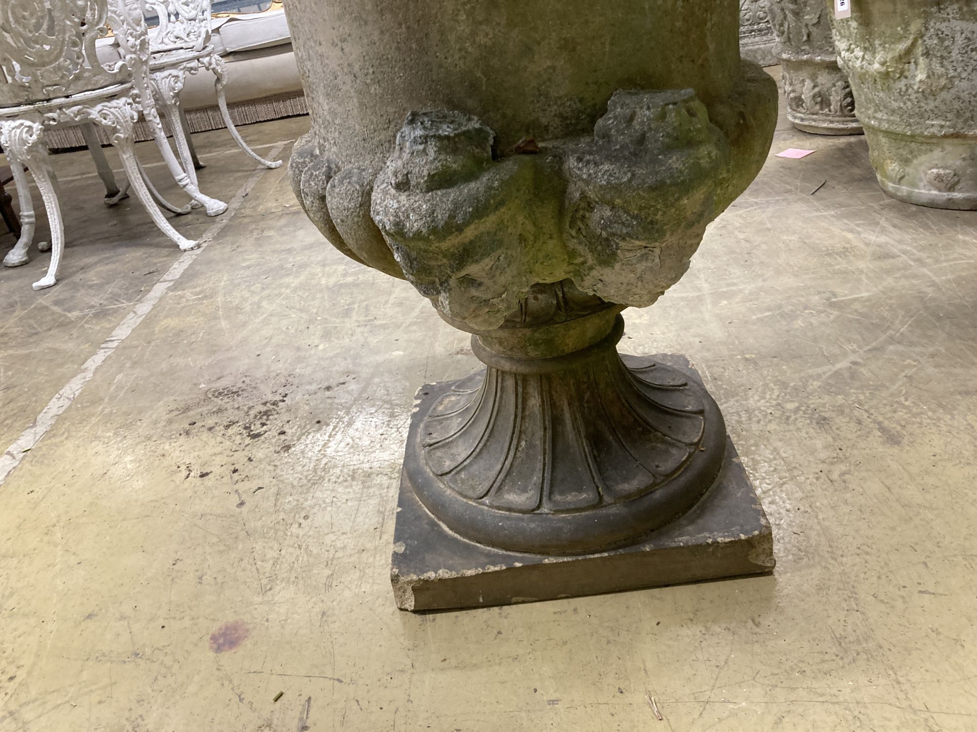 A large reconstituted stone campana garden urn, handles in need of repair, 75cm diameter, height - Image 3 of 5