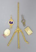 A yellow metal tassel fob? 13.2cm, 6.5 grams, two watch keys and two modern 9ct gold lockets,gross