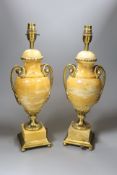 A pair of 20th century French marble and ormolu urn shape table lamps, overall height 43cm