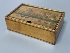 An early Tunbridge ware sycamore box with printed view of the East front of Brighton Pavilion, c.