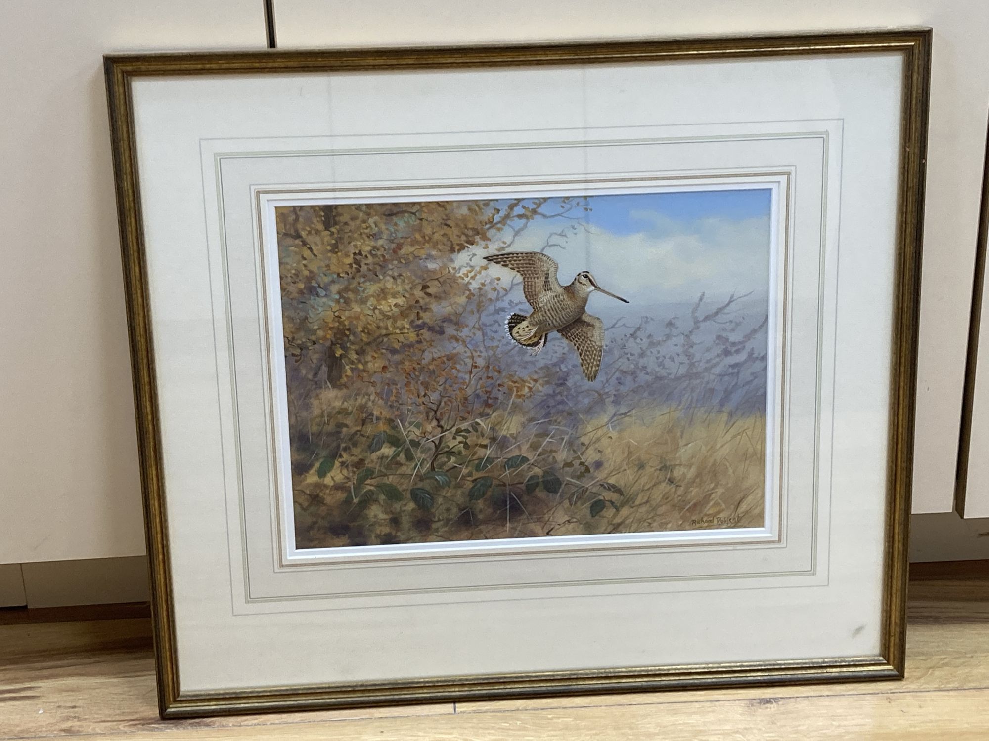 Richard Robjent (b. 1937), watercolour and gouache on paper, Snipe in flight, signed, 25 x 35cm - Image 2 of 4