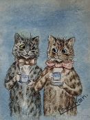 Attributed to Louis Wain (1860-1939), watercolour, Two cats drinking tea, bears signature with label