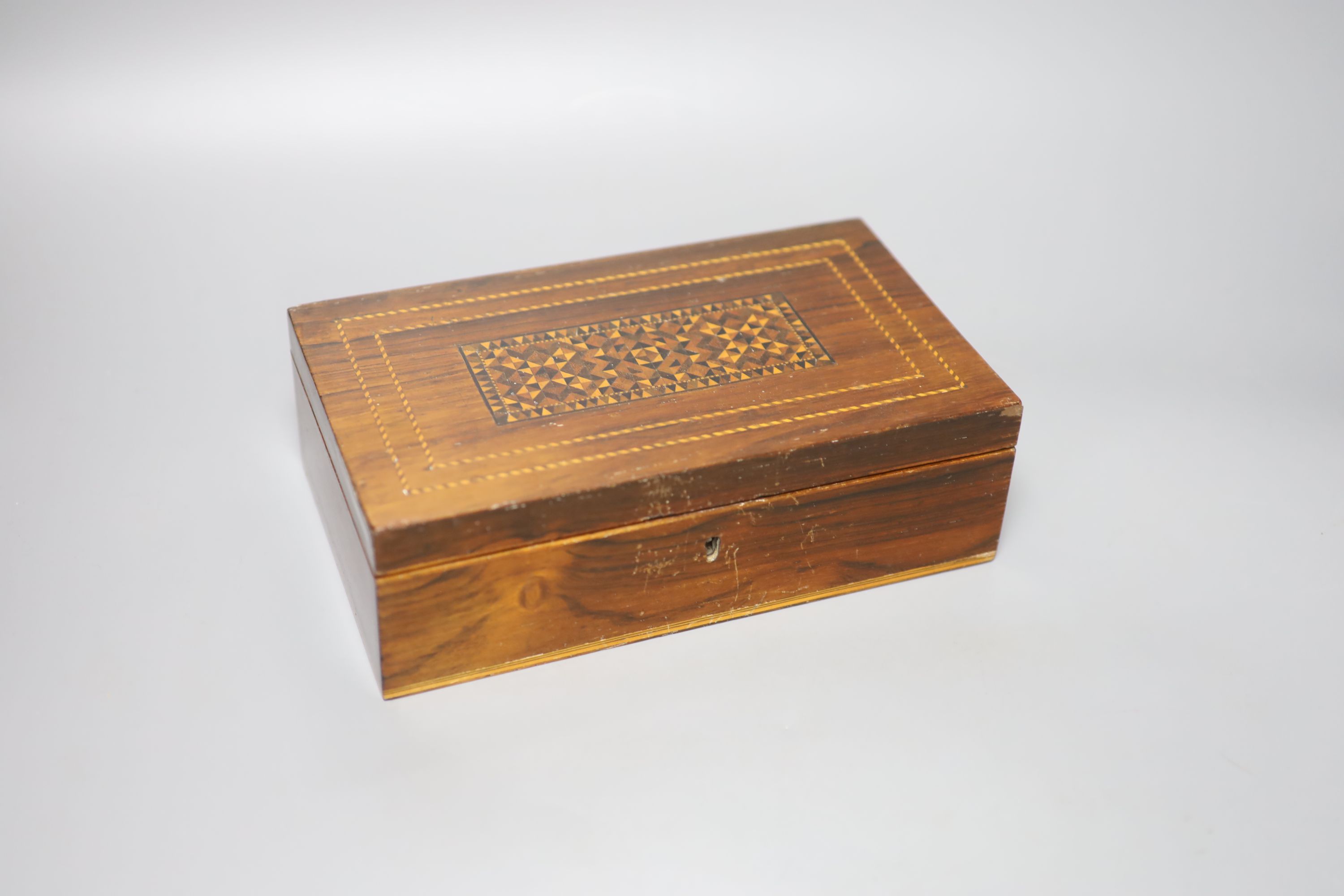 A Tunbridge ware rosewood and half square mosaic games box, c.1840, 23cm