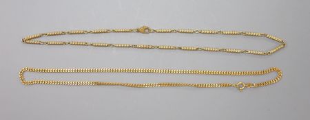 A modern 9ct gold curb link chain and one other 9ct spiral baton link chain, 39cm,22.1 grams.