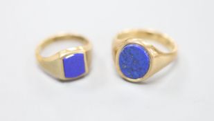 Two modern 9ct gold and lapis lazuli set signet rings, sizes J/K & O/P,gross 9.4 grams.