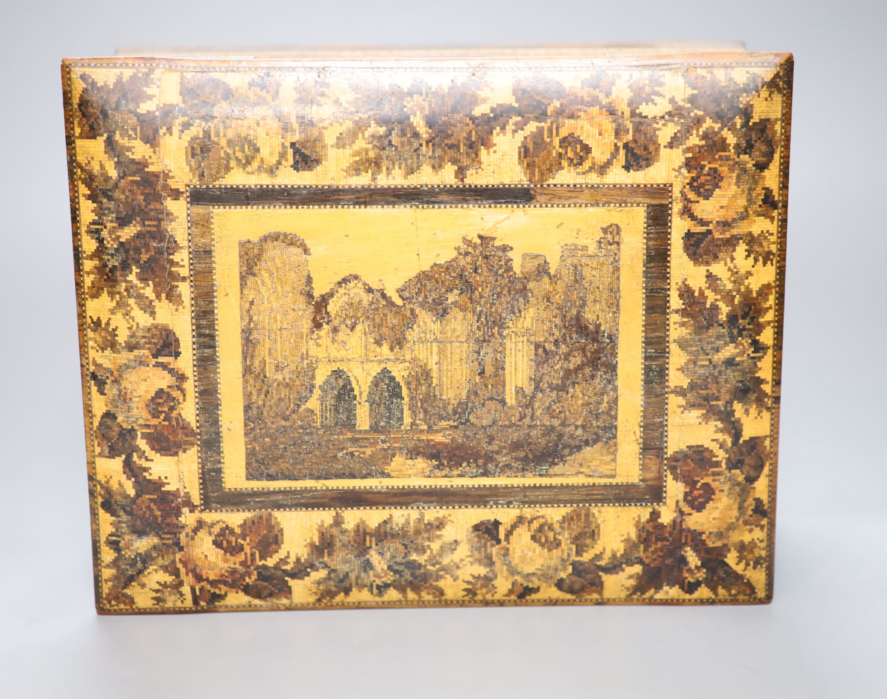 A Tunbridge ware 'Bayham Abbey' rosewood and tesserae mosaic sewing box, probably Hollamby, 2nd half - Image 2 of 3