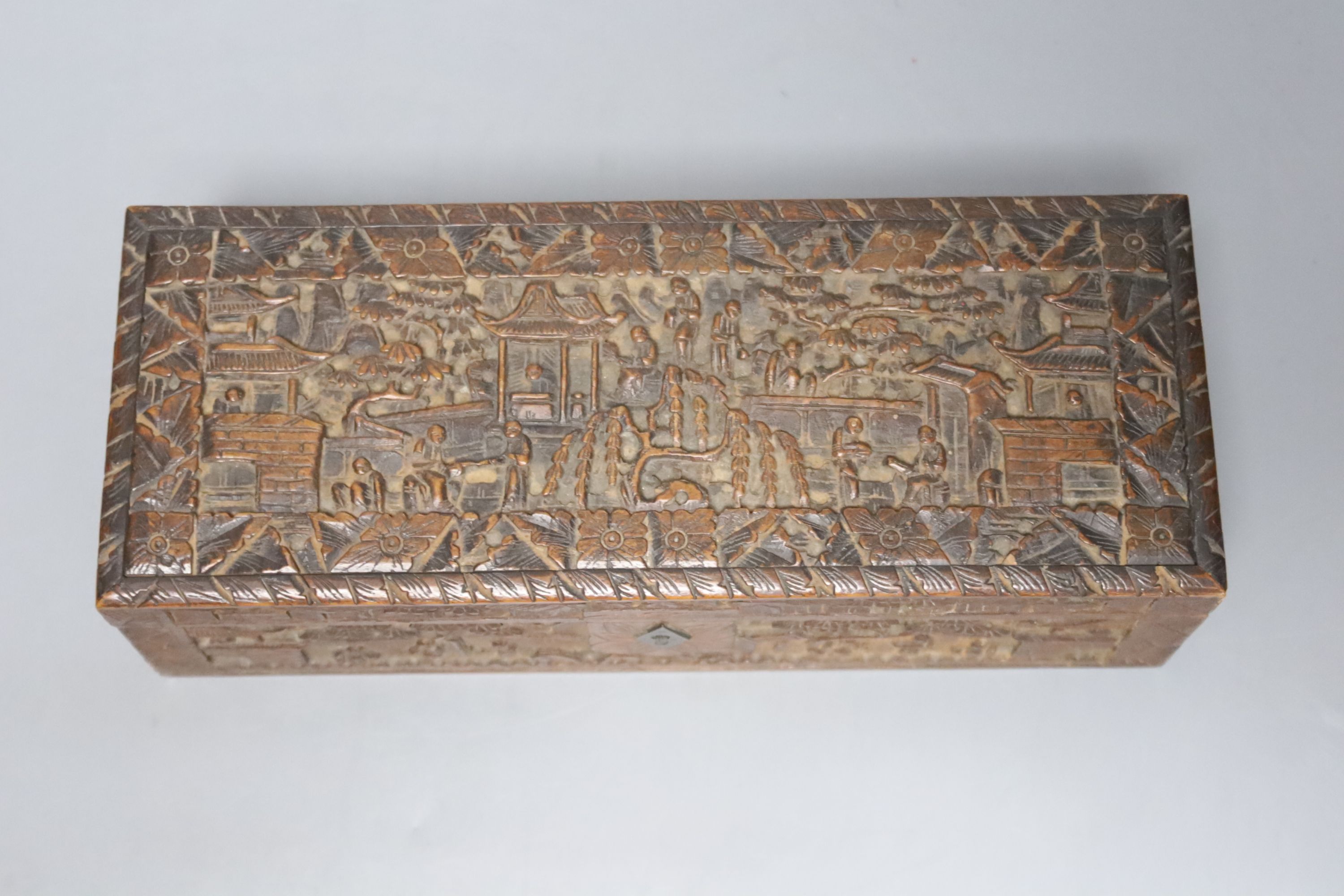 Two 19th century Chinese carved sandalwood boxes, together with a similar puzzle box, length 27cm - Image 3 of 6