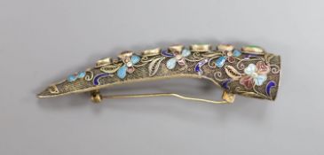 A late 19th/early 20th century Chinese filigree white metal, enamel and gem set nail guard brooch,