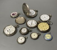 Ten assorted silver or white metal pocket and fob watches, including Russian, silver calendar