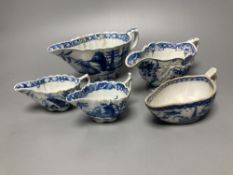 Five Bow blue and white sauceboats, circa 1770.