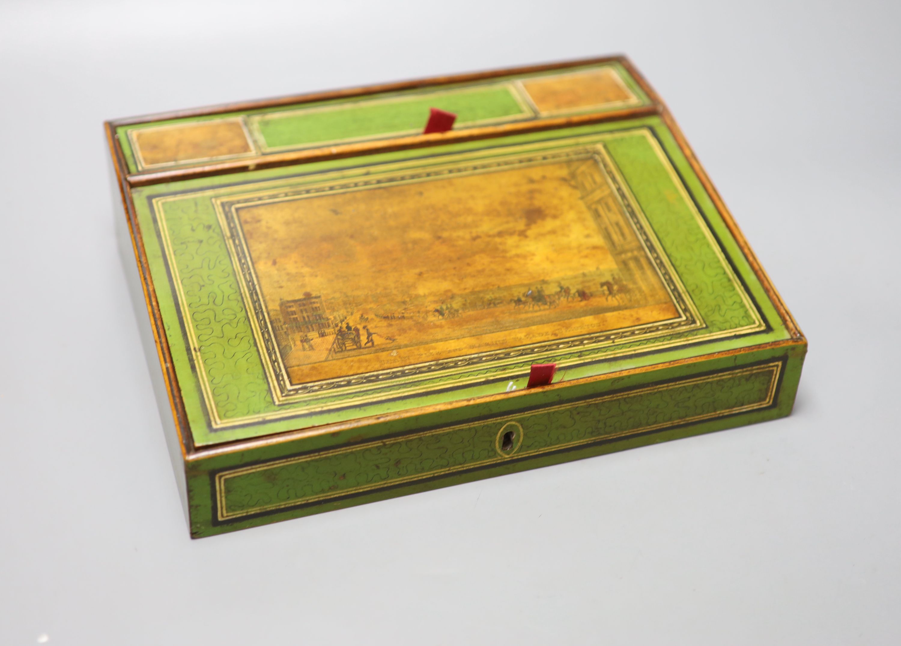 An early Tunbridge ware green japanned writing slope, 28.5cm, with views of Marine Parade,