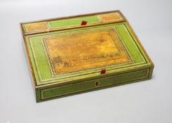 An early Tunbridge ware green japanned writing slope, 28.5cm, with views of Marine Parade,