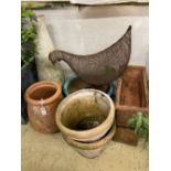 Five assorted garden planters, a wirework chicken ornament and assorted reconstituted stone