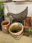 Five assorted garden planters, a wirework chicken ornament and assorted reconstituted stone