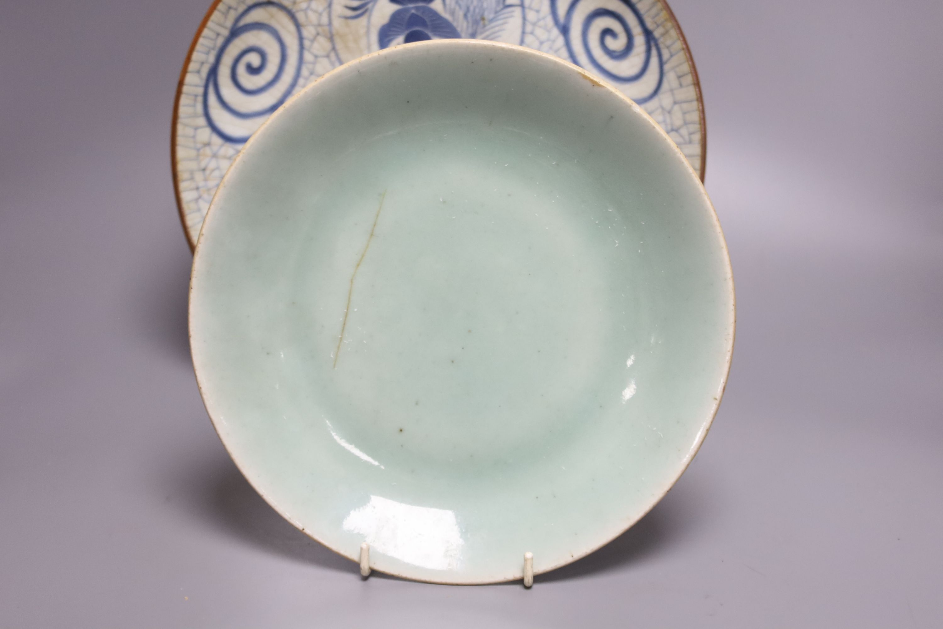 A Japanese crackle glazed dish, another similar and a Chinese celadon glazed dish, largest - Image 4 of 6