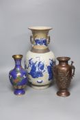 A Chinese blue and white crackle glaze vase, a similar cloisonne vase and a bronze vase, tallest