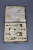 A cased early 20th century French 950 standard white metal four piece dessert flatware set, gross 97