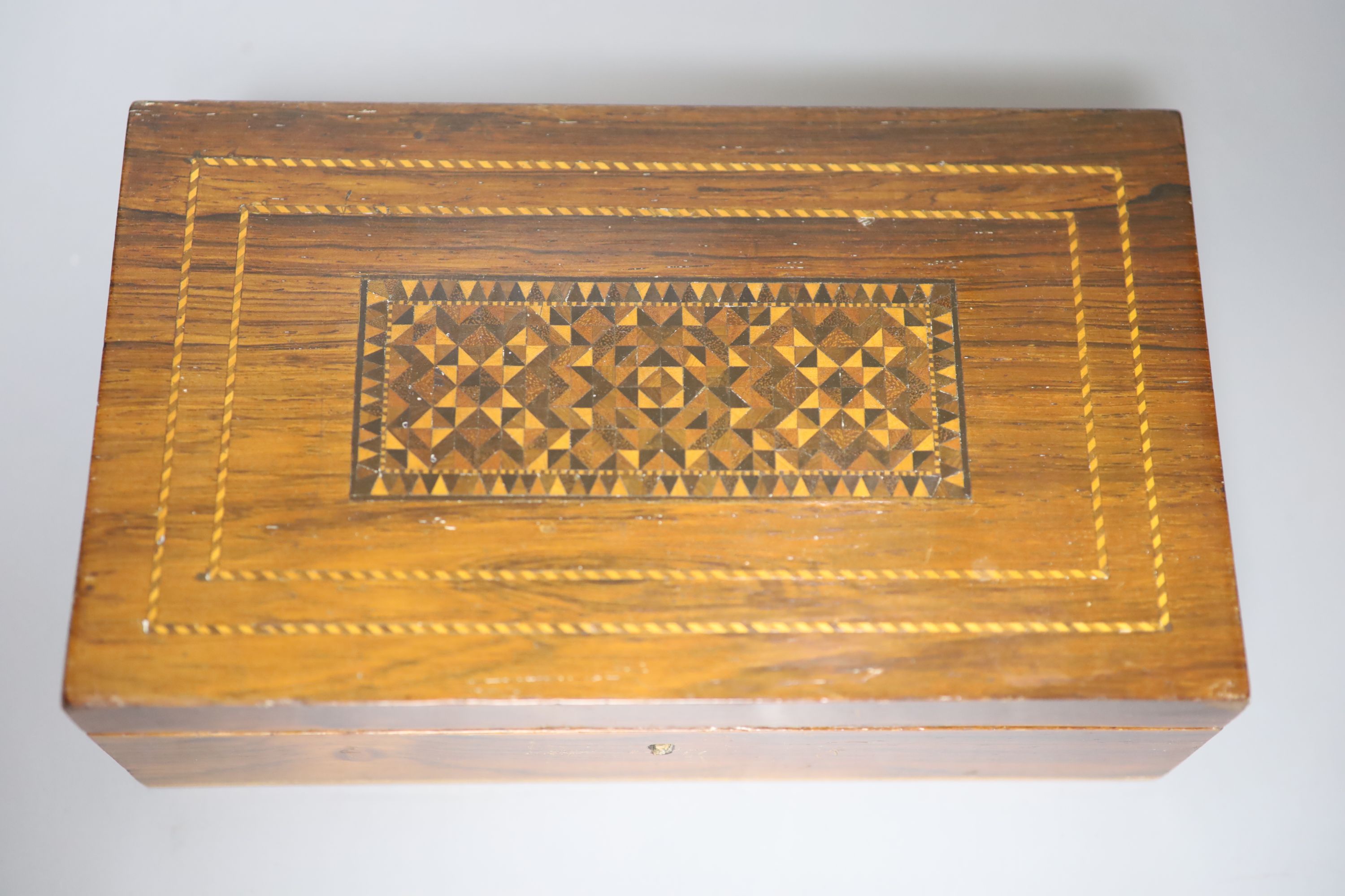 A Tunbridge ware rosewood and half square mosaic games box, c.1840, 23cm - Image 2 of 3