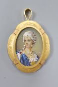 A modern Italian 18ct gold mounted miniature oval gem set portrait of a lady pendant brooch, 41mm,