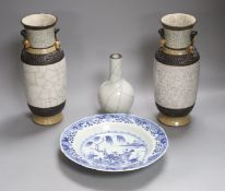 A late 19th century Chinese blue and white dish, together with a pair of crackle glaze vases and