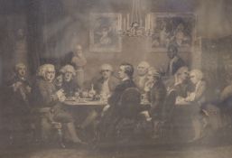 English School, engraving, 'The Literary Club' including Joshua Reynolds, Samuel Johnson etc 44 x