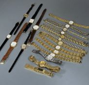 Three lady's 9ct gold wrist watches including two quartz, gross 29.9 grams and sixteen assorted