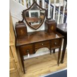 A George III inlaid mahogany kneehole dressing table, width 92cm, depth 50cm, height 140cm