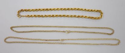 Three assorted modern 9ct gold chains, including ropetwist, longest 50cm,31.3 grams.