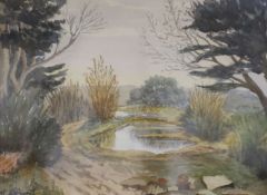 Robert Smartt, watercolour, Floodwater, Woodbury Common, signed, labels verso, 26 x 36cm