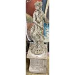 Two reconstituted stone figural garden ornaments on stands, larger 128cm high