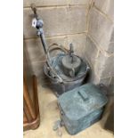 A Victorian copper pan, a kettle and a galvanised spray bucket