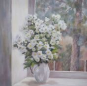 Doreen G. Wilcock SBA, oil on board, 'Study in White', signed with Exhibition label, 59 x 59cm
